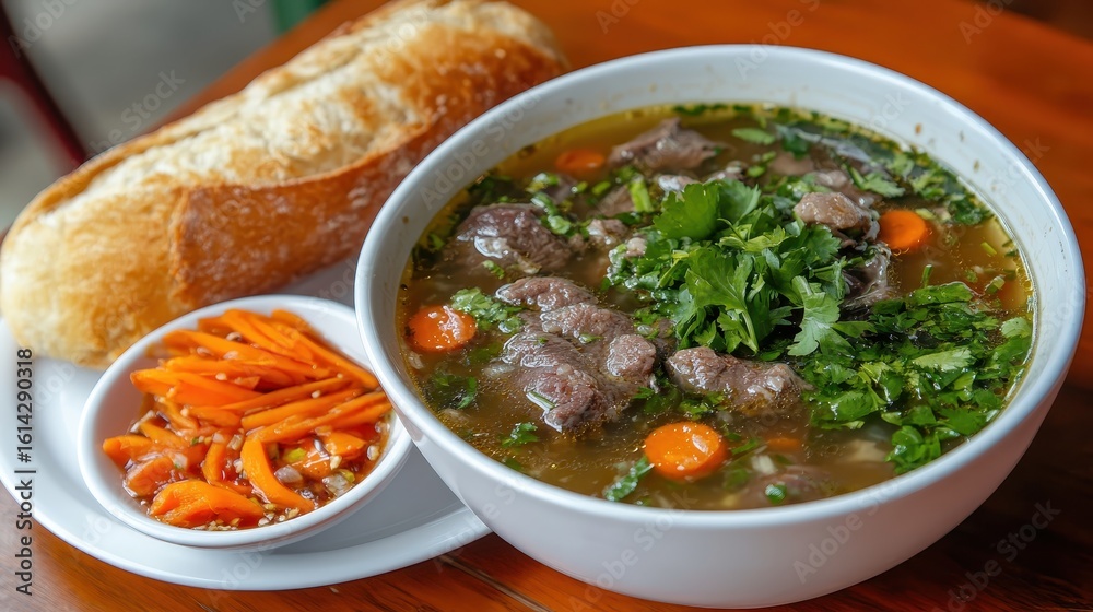 Delicious bowl of beef soup with fresh herbs and side of bread Delicious bowl of beef soup with fresh herbs and side of bread