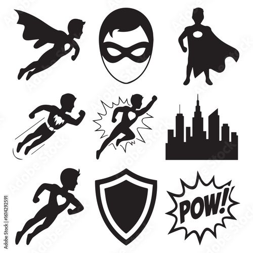 A dynamic collection of superhero silhouettes showcases iconic figures in flight, masked crusaders, and symbols of strength against a cityscape, isolated on white background