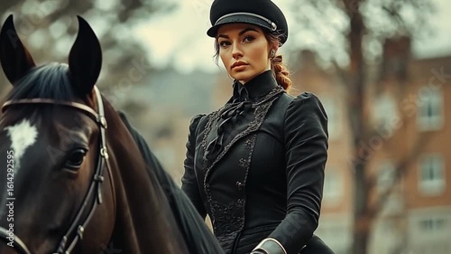 Horseback riding woman dressed in a classic uniform and stylish hat, gracefully riding a beautiful brown horse in an outdoor setting