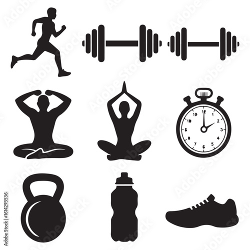 A collection of fitness icons showcases various exercises and equipment, isolated on white background