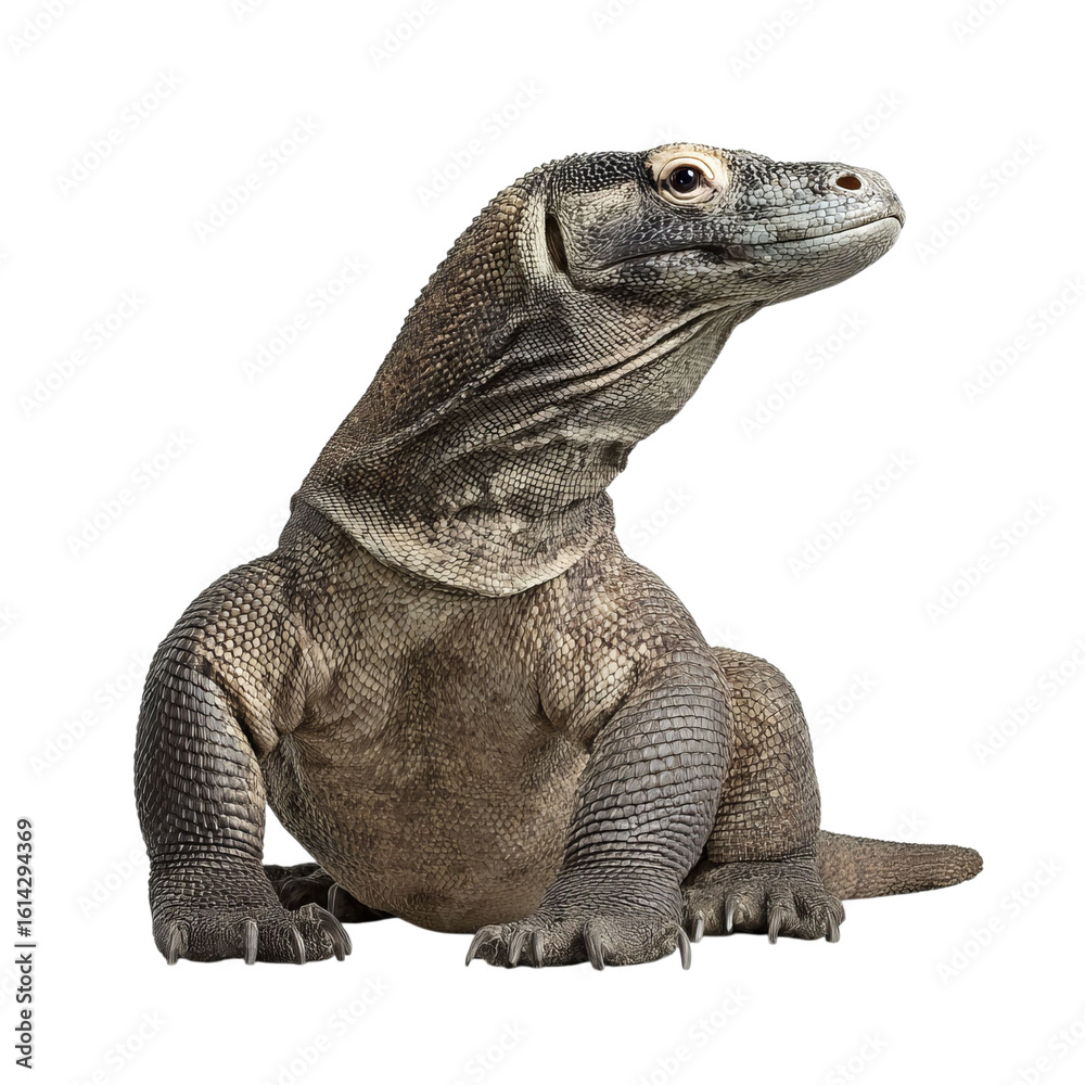 Obraz premium Png of A close-up of a Komodo dragon, showcasing its textured skin and vibrant eyes, exuding a sense of strength and majesty.