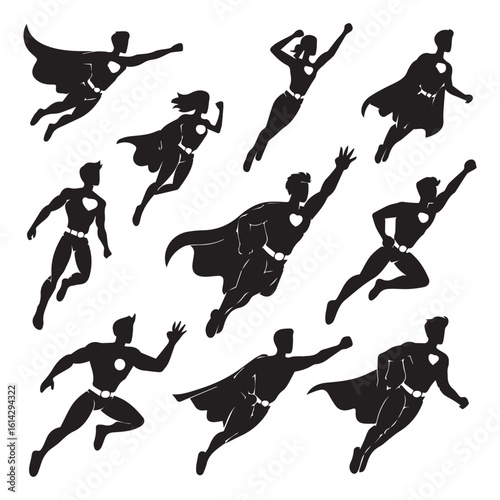 A dynamic silhouette illustration showcases a group of superheroes in various flying poses, capes billowing, embodying power, action, and adventure isolated on white background