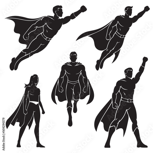 A dynamic collection of superhero silhouettes in various flying and action poses, isolated on white background