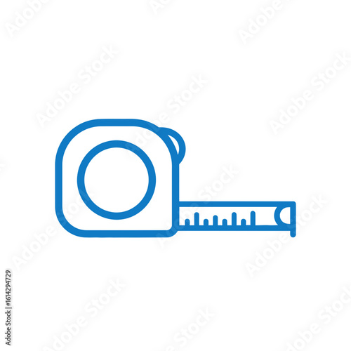 Blue line art illustration of a tape measure on a white background.
