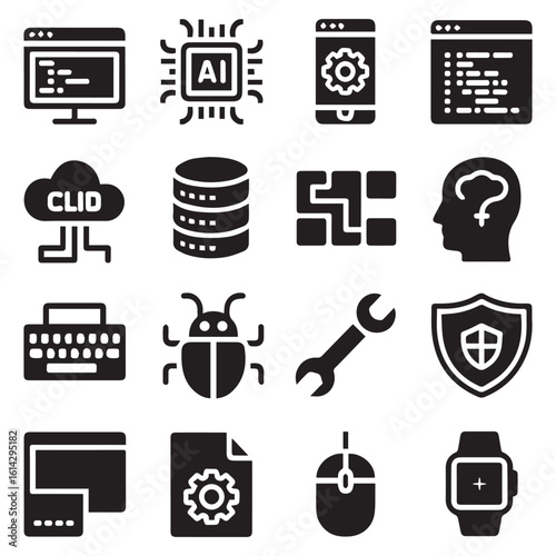 A set of technology and programming icons, featuring code snippets, ai chips, mobile apps, cloud storage, databases, and various hardware and software symbols