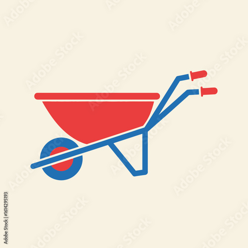 Red wheelbarrow with blue frame on beige background simple illustration style.
