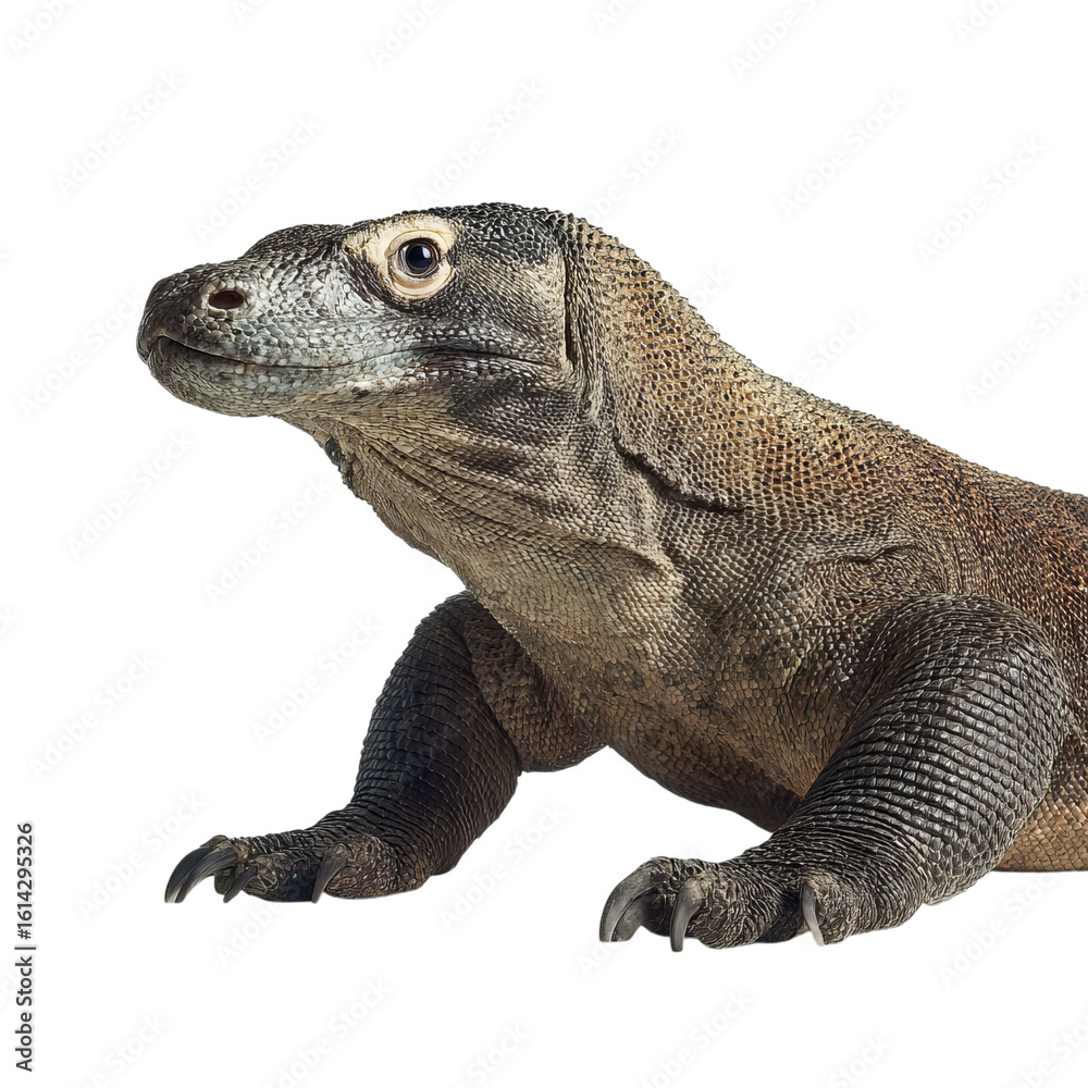 Obraz premium Png of A close-up of a Komodo dragon, showcasing its textured skin and powerful stance against a plain background.