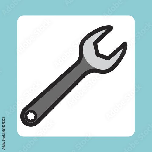 A wrench tool is displayed on a white square against a blue background.