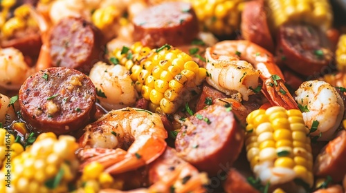 Colorful Seafood Medley with Shrimp, Sausage, and Corn on Plate