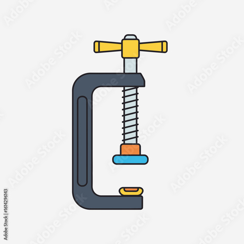 C-clamp tool illustration with yellow handle and blue pad on white background.