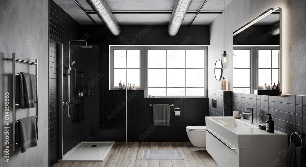 Fototapeta premium Modern Industrial Bathroom Design with Dark Walls, Light Wood Floor, and Large Window. Elegant and Sleek Interior Architecture with Contemporary Fi...