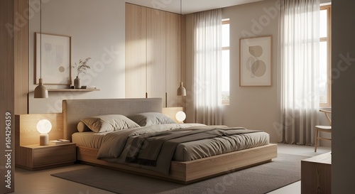 Contemporary Minimalist Bedroom Interior with Warm Natural Light, Neutral Tones, and Elegant Wooden Details, Evoking Calm and Serenity