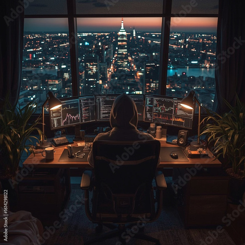 A trader or hacker at night sits in front of multiple screens with city lights in the background, analyzing stock data in a high-rise office setup.