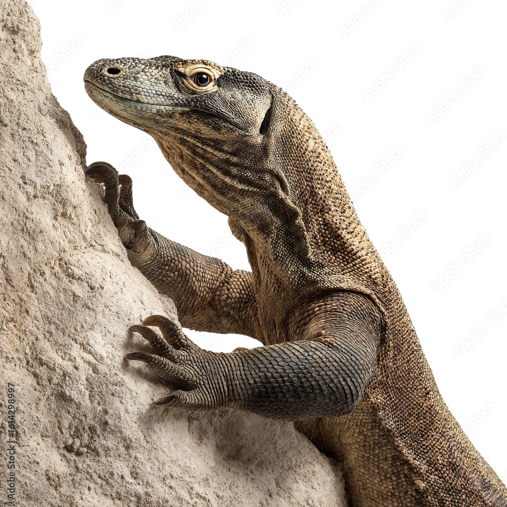 Fototapeta premium Png of A close-up of a Komodo dragon climbing a rocky surface, showcasing its textured scales and sharp claws.