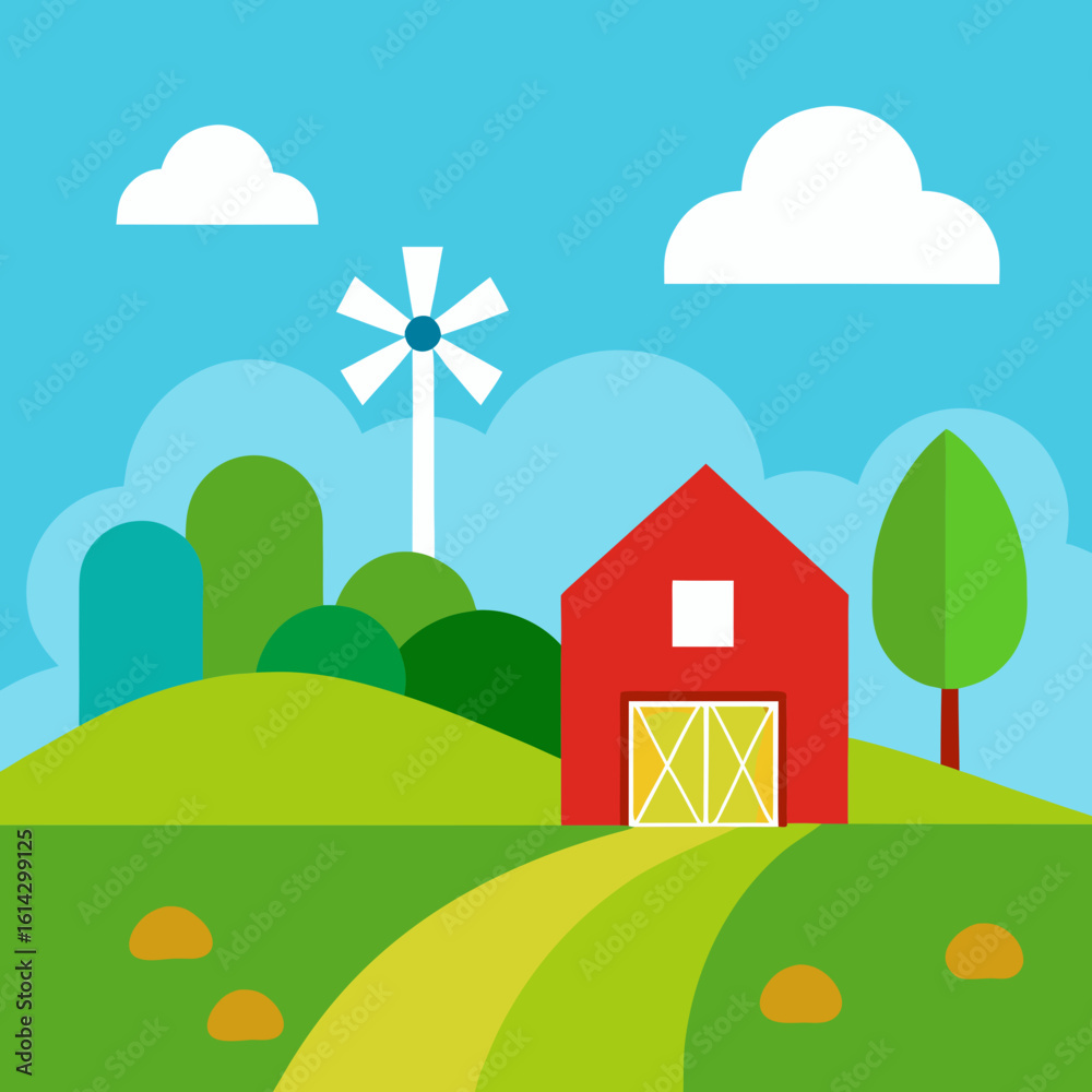 Fototapeta premium Charming red barn and windmill on a sunny day