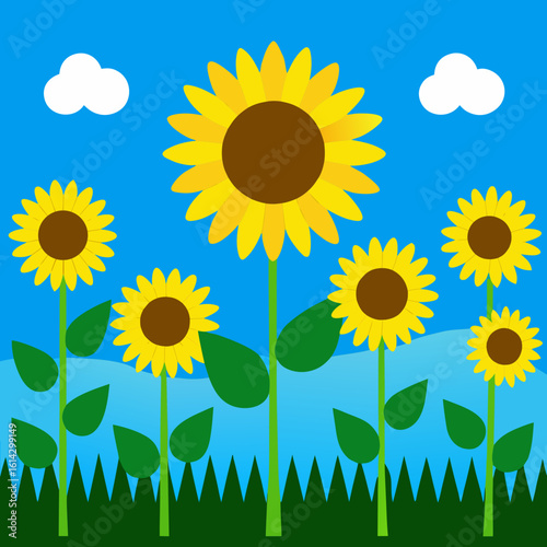 Bright yellow sunflowers bloom under a blue sky with fluffy clouds