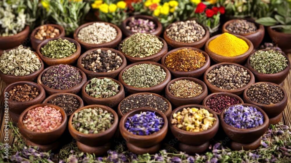 Fototapeta premium Colorful Assortment of Herbs and Spices in Rustic Clay Bowls