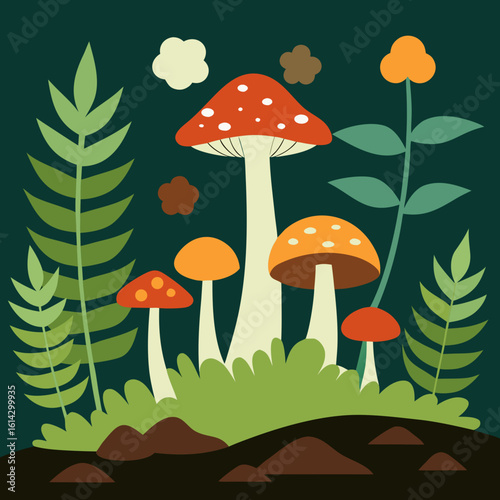 Whimsical forest floor with colorful mushrooms and ferns