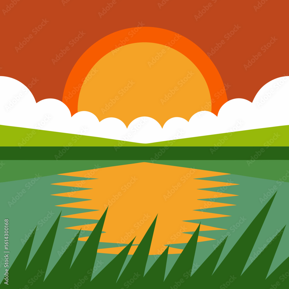 Obraz premium Vibrant sunset over a calm lake with grassy shoreline