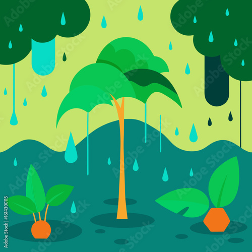 Stylized flat illustration of a rainy day with trees and plants