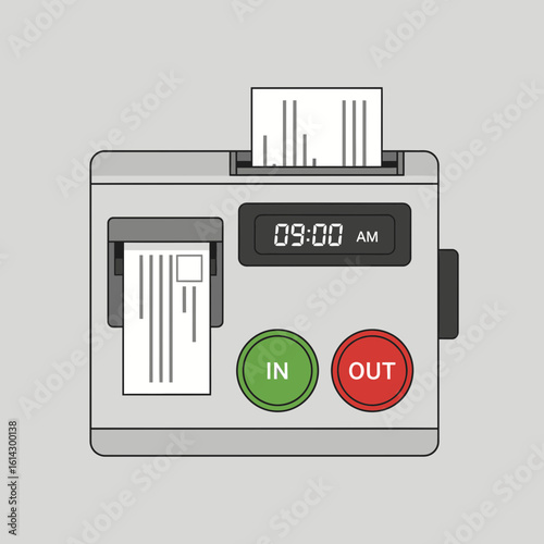 Time clock with printed cards showing in and out times against a gray background.