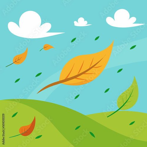 Autumn leaves blowing in the wind under a blue sky