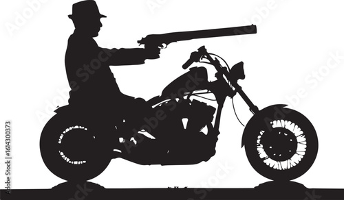 Man with hat riding motorcycle holding gun silhouette vector
