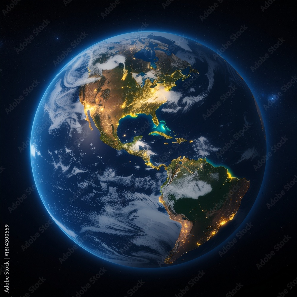 Fototapeta premium High-detail view of Earth at night from space, showing glowing city lights and cloud patterns with atmospheric glow.