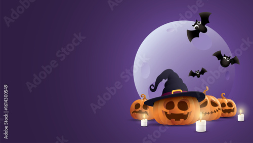 3D Halloween elements with purple background graphic illustration have blank space.