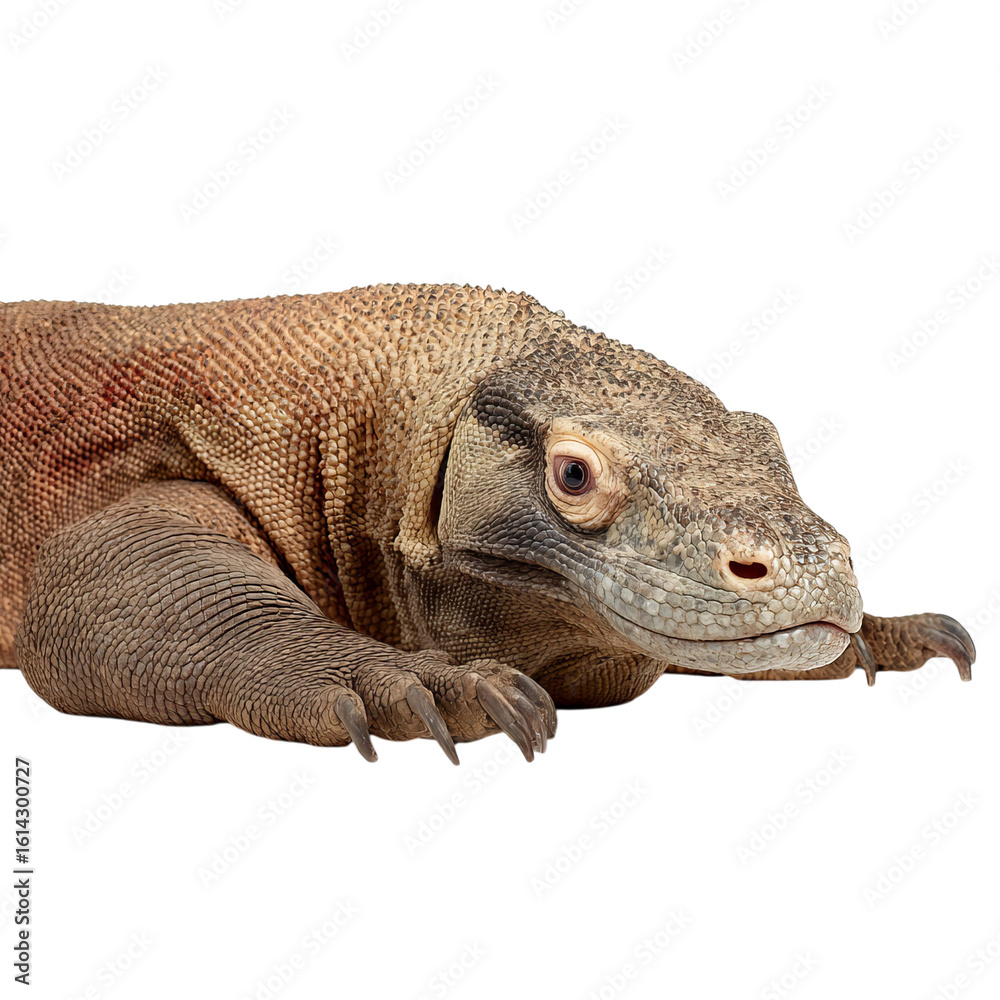 Obraz premium Png of A detailed close-up of a Komodo dragon showcasing its textured skin and powerful claws.