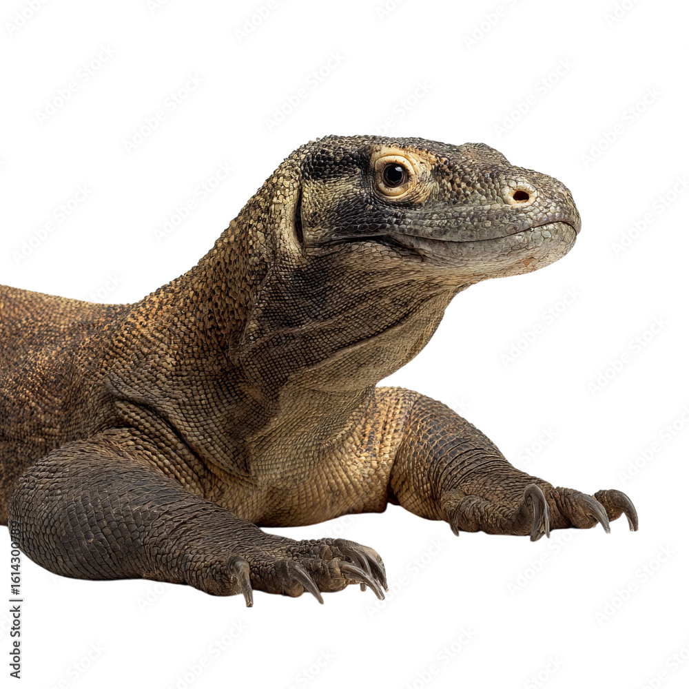 Obraz premium Png of A close-up of a Komodo dragon, showcasing its impressive scales and fierce expression against a clean background.