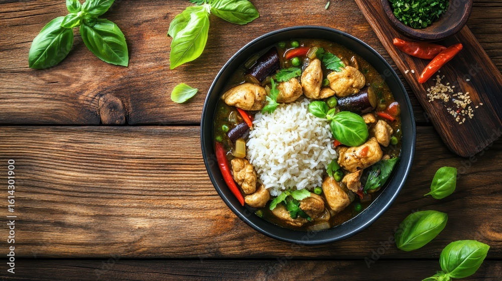 Delicious Asian Chicken Curry with Rice on Rustic Wooden Table Delicious Asian Chicken Curry with Rice on Rustic Wooden Table