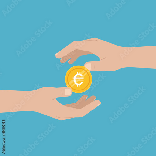 Two hands exchanging a golden coin on a blue background.