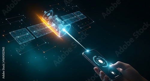 QFS satellite connection. A holographic satellite sends a single beam of light to a smartphone, symbolizing a global and independent network.