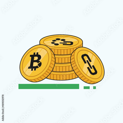 Stack of gold coins with bitcoin and chainlink symbols on light background.