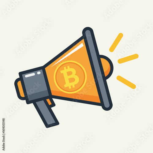 Orange megaphone with bitcoin symbol on it against a light background.