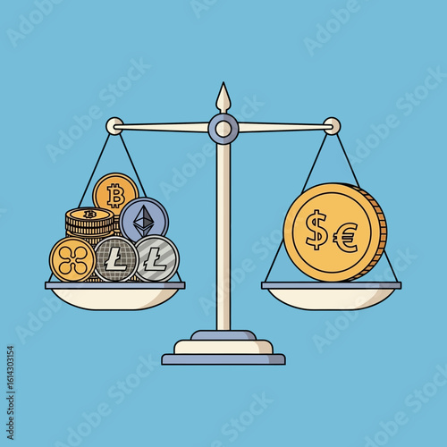 Scales balancing coins and cryptocurrency on a blue background.