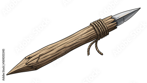 Primitive Spear Illustration: Handcrafted Wooden Weapon with Sharp Metal Point Detail