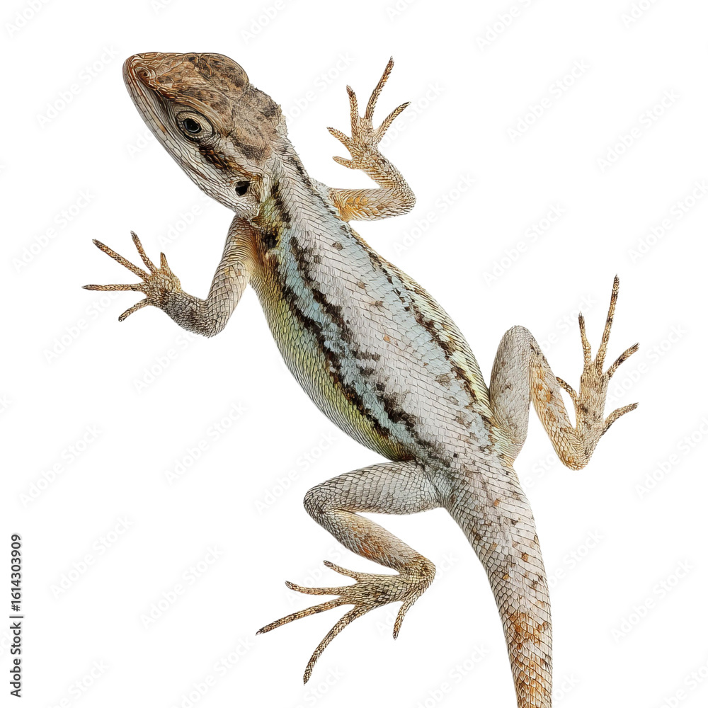 Naklejka premium Png of A close-up of a lizard displaying intricate patterns and colors on its skin, showcasing its unique features and agile posture.