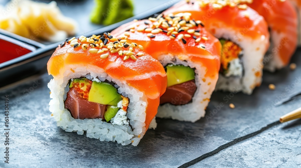 Colorful Sushi Rolls with Fresh Fish and Avocado on Slate Plate Colorful Sushi Rolls with Fresh Fish and Avocado on Slate Plate