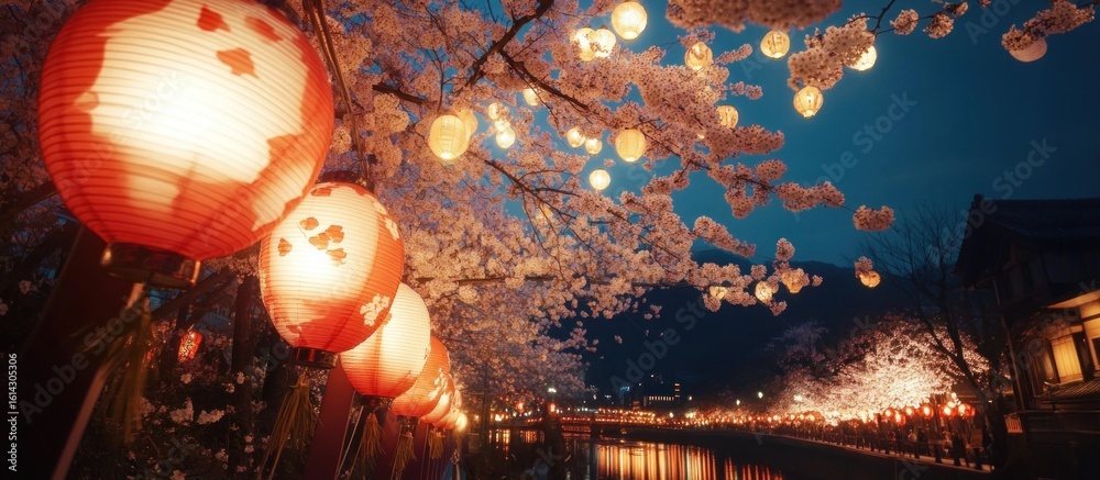 Naklejka premium Enchanting night scenery of cherry blossoms and lanterns illuminating the riverbanks in Gion Kyoto