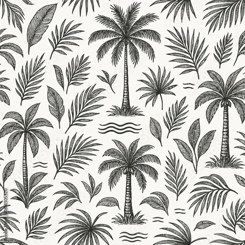 Seamless vintage hand-drawn pattern featuring tropical palm trees and various exotic leaves.
