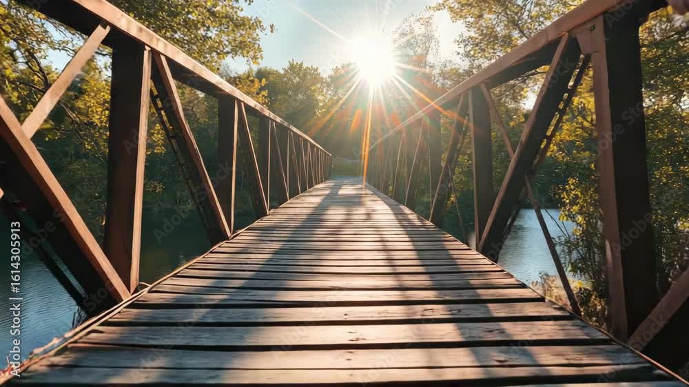 Wooden bridge over river in forest during sunset Wooden bridge over river in forest during sunset