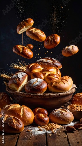 Rustic bread still life with levitating loaves and wheat stalks, artisan bakery