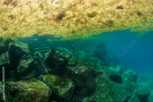 The Atlantic ocean current draws the sargassum towards the coastal stairs.