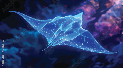 Abstract illustration of a glowing blue manta ray swimming through the deep ocean.