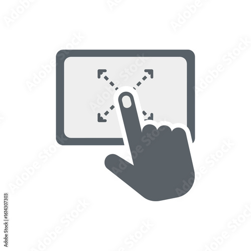 Hand touching a tablet screen with zoom out gesture illustration.