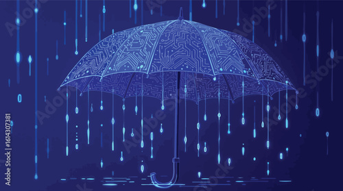 Cyber security concept depicting digital protection and data safeguarding underneath a protective umbrella.