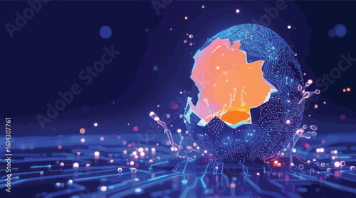 Digital egg cracking open symbolizing technology innovation and technological evolution.