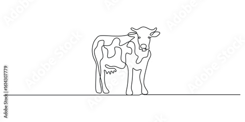 Abstract cow with udder continuous one line drawing. Cow farm sketch logo concept. Doodle vector illustration